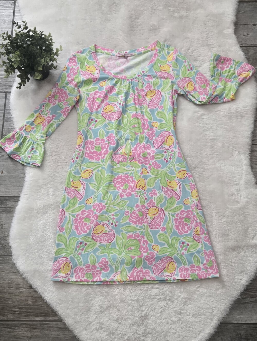 Barbara Gerwit Colorful Resortwear Summer Floral Bell Sleeve Dress, Size Small